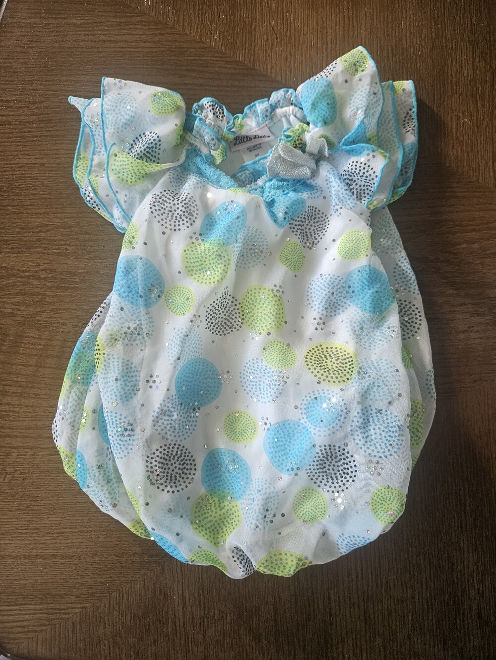 Little Lass White Bubble Romper with Blue & Green Dot Print Size 12 Months
